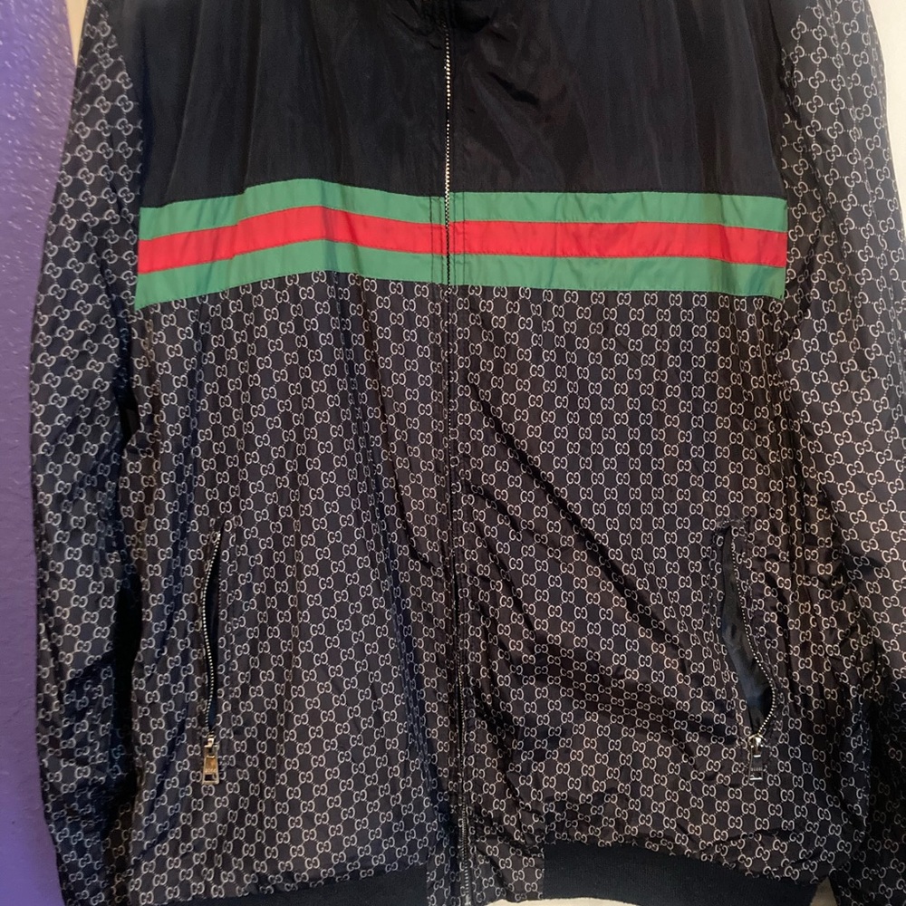 Gucci Navy Windbreaker with Red and Green Stripes